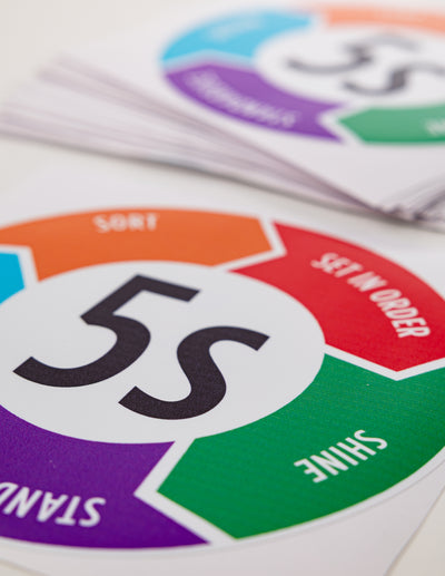The TLC 5S Stickers reinforce the 6S methodology in Lean workplaces by adding Safety. Featuring Sort, Set in Order, Shine, Standardise, Sustain, and Safety, these durable, printed, and laminated stickers (200mm diameter) provide clear visual reminders in various environments. Suitable for walls, boards, workstations, and other smooth surfaces, they help embed safety-focused organization.
