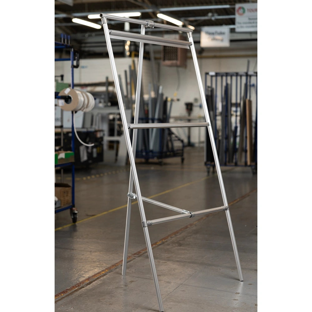 Freestanding aluminium display stand with adjustable front bar, 1867mm height, fits displays up to 820mm wide